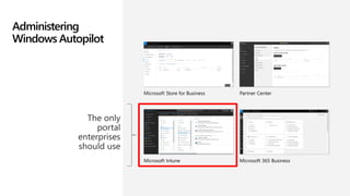 Administering
Windows Autopilot
Microsoft Store for Business
Microsoft Intune
Partner Center
Microsoft 365 Business
 