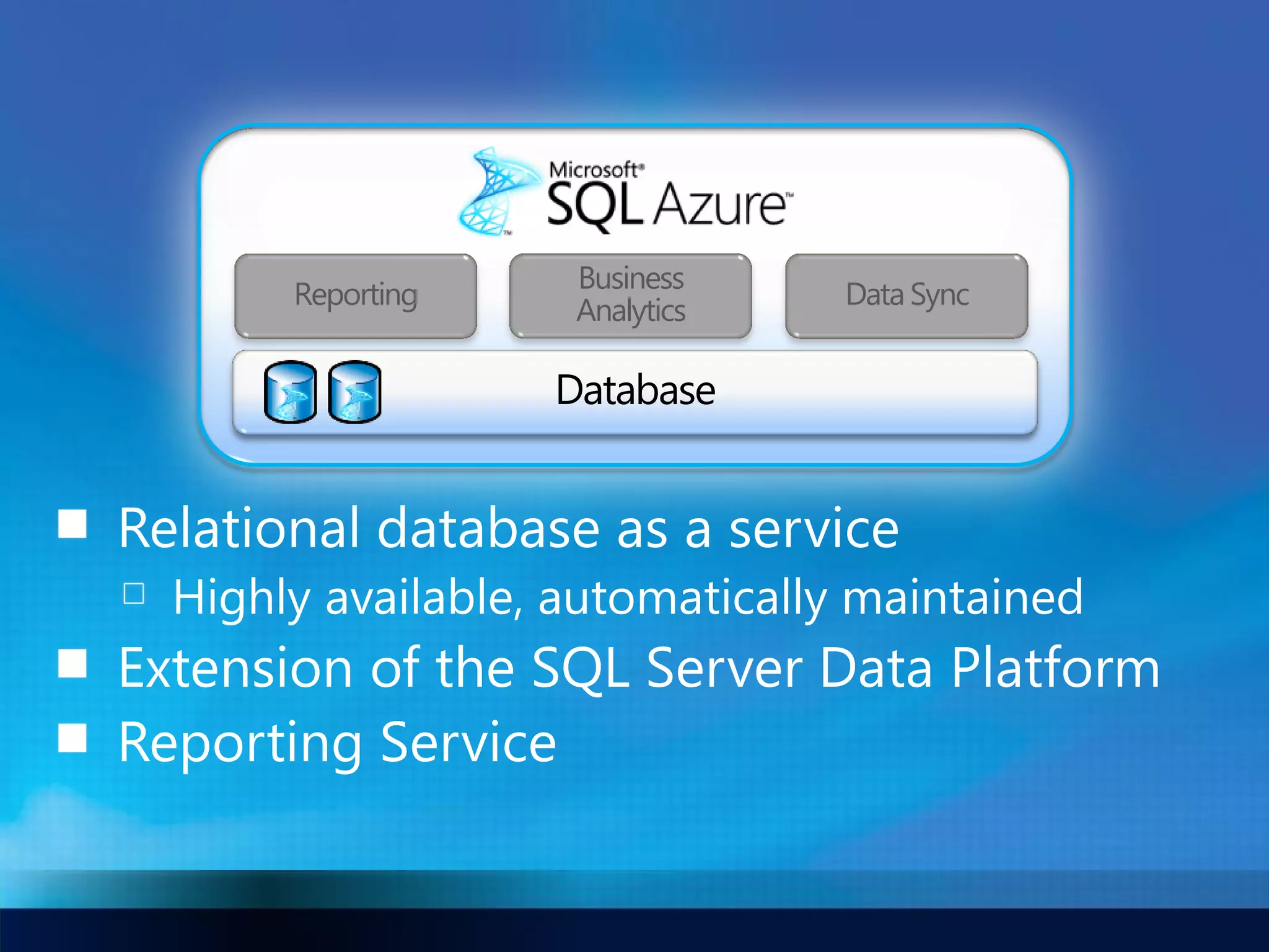 Business
Reporting               Data Sync
            Analytics
 