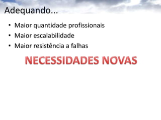 Cenário inicialAmbiente inicial focado em atender usuários internosProfissionais capacitadosInfra-estruturaDesenvolvimentoVirtualização
