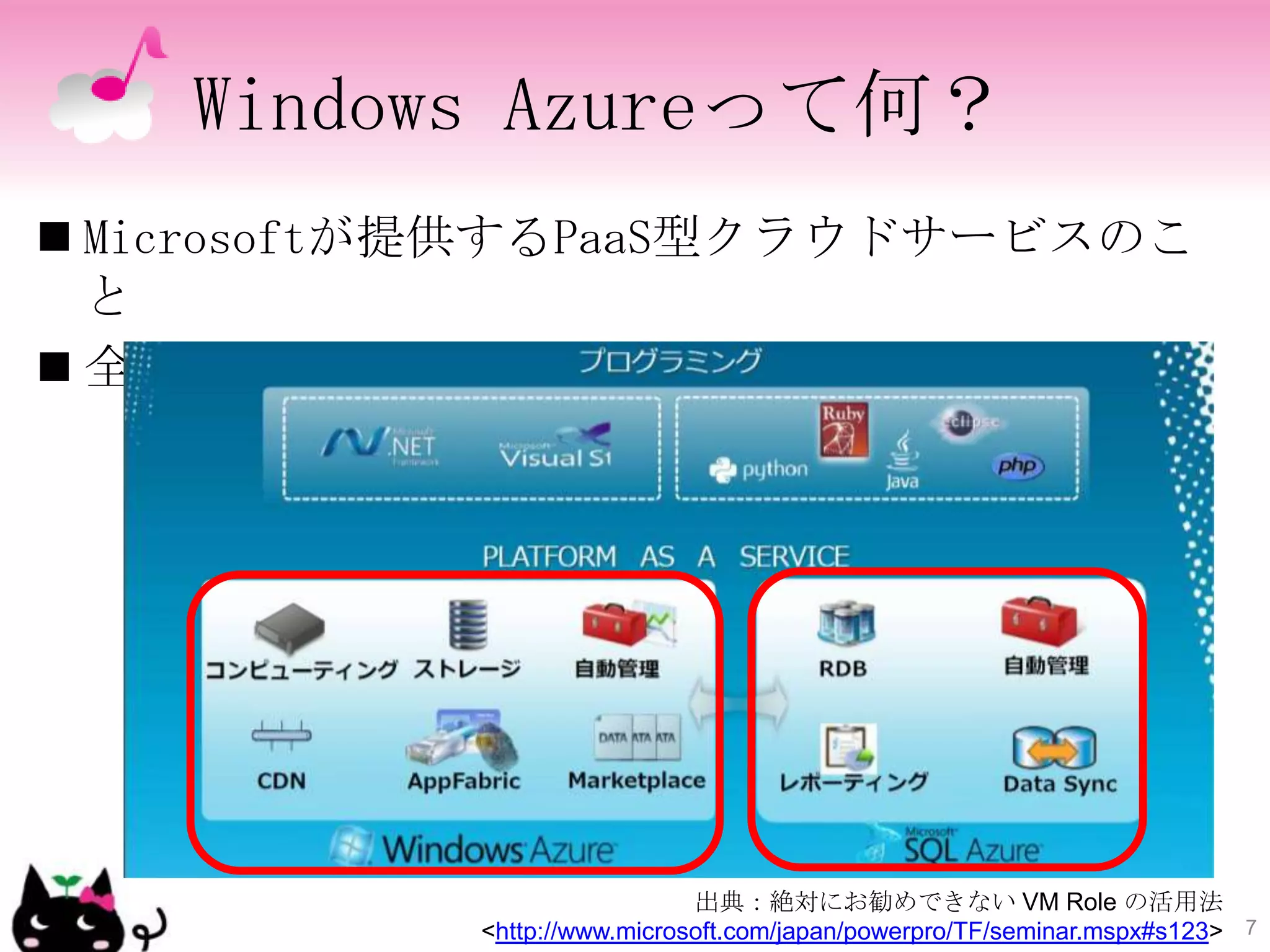 Windows Azureって何？
 Microsoftが提供するPaaS型クラウドサービスのこ
  と
 全体をWindows Azure Platformと呼びます




                              出典：絶対にお勧めできない VM Role の活用法
            <http://www.microsoft.com/japan/powerpro/TF/seminar.mspx#s123> 7
 
