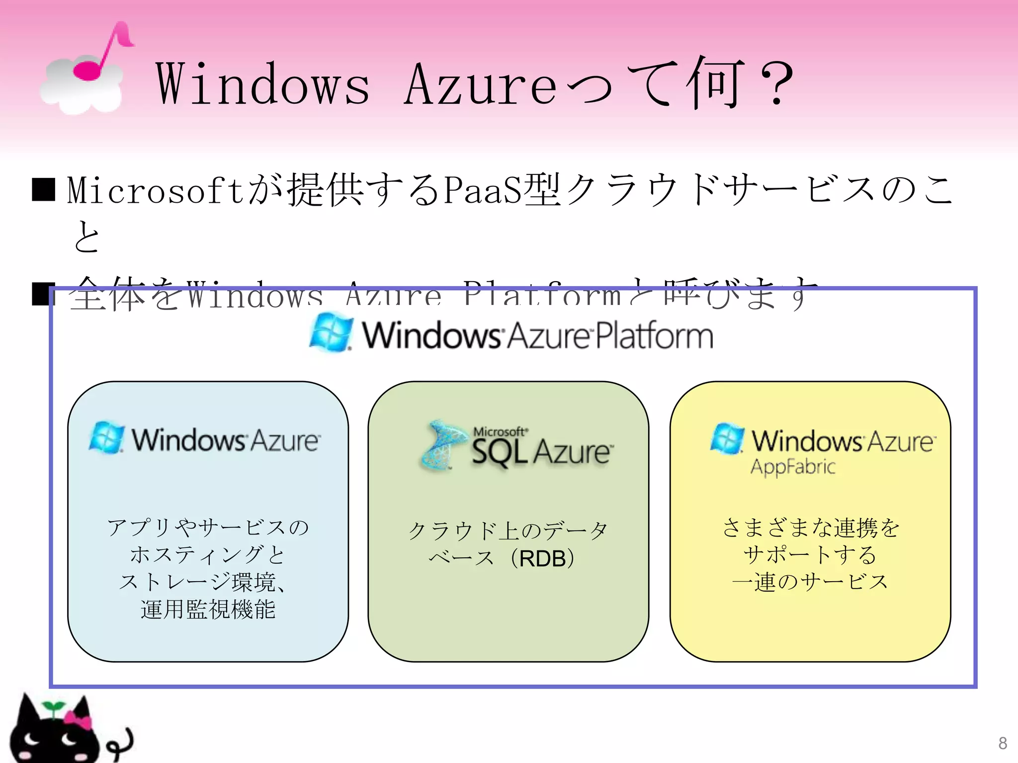 Windows Azureって何？
 Microsoftが提供するPaaS型クラウドサービスのこ
  と
 全体をWindows Azure Platformと呼びます




  アプリやサービスの   クラウド上のデータ   さまざまな連携を
    ホスティングと    ベース（RDB）    サポートする
   ストレージ環境、                一連のサービス
    運用監視機能




                                     8
 