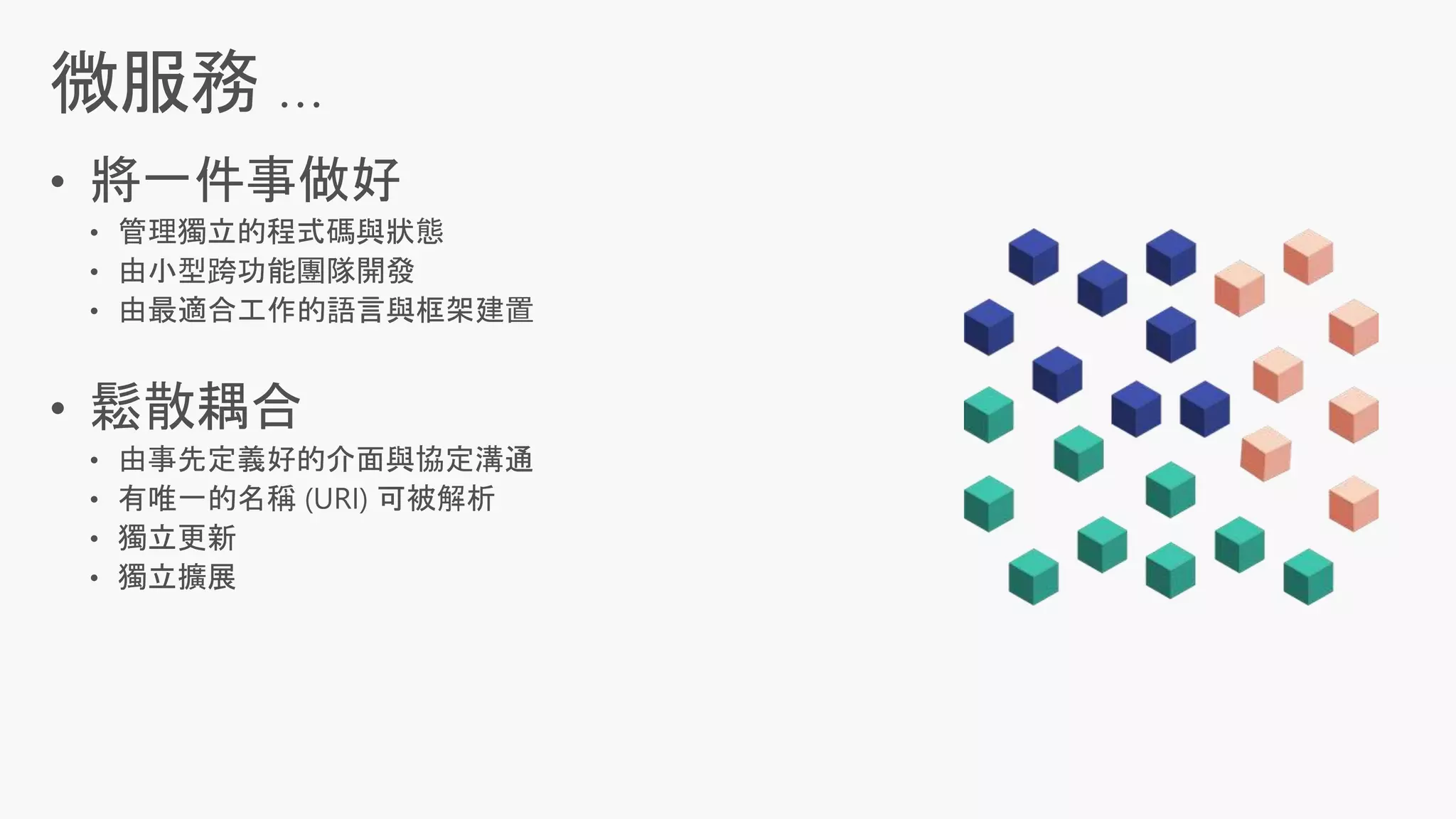 • 由小型跨功能團隊開發
微服務
 