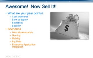• What are your pain points?
   –   Cost pressures
   –   Slow to deploy
   –   Scalability
   –   Security
• Scenarios
   –   Web Modernization
   –   Gaming
   –   Mobility
   –   Big Data
   –   Enterprise Application
       Integration
 