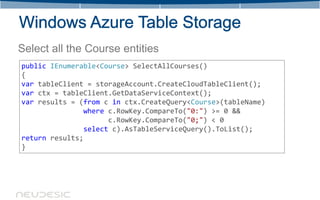 Select all the Course entities
public IEnumerable<Course> SelectAllCourses()
{
var tableClient = storageAccount.CreateCloudTableClient();
var ctx = tableClient.GetDataServiceContext();
var results = (from c in ctx.CreateQuery<Course>(tableName)
               where c.RowKey.CompareTo("0:") >= 0 &&
                     c.RowKey.CompareTo("0;") < 0
               select c).AsTableServiceQuery().ToList();
return results;
}
 