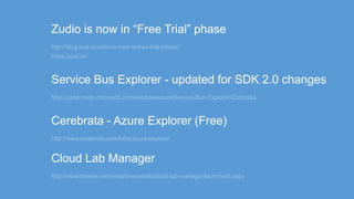 http://blog.zud.io/zudio-is-now-in-free-trial-phase/
https://zud.io/
http://code.msdn.microsoft.com/windowsazure/Service-Bus-Explorer-f2abca5a
http://www.cerebrata.com/labs/azure-explorer
http://www.breeze.net/news/breezetalk/cloud-lab-manager-launched!.aspx
 