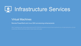 http://weblogs.asp.net/scottgu/archive/2013/04/26/windows-azure-improvements-to-virtual-networks-virtual-
machines-cloud-services-and-a-new-ruby-sdk.aspx
 