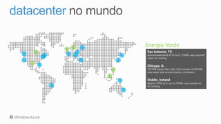 datacenter

             Energia Verde
             San Antonio, TX
             Aproximadamente 477K sq ft, 27MW, uses recycled
             water for cooling


             Chicago, IL
             707,000 square feet with critical power of 60 MW,
             uses water side economization, containers


             Dublin, Ireland
             Approx 570K sq ft, up to 27MW, uses outside air
             for cooling.
 