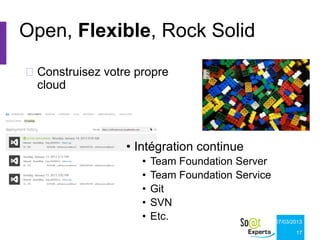 Open, Flexible, Rock Solid
Construisez votre propre
 cloud




                 • Intégration continue
                    •   Team Foundation Server
                    •   Team Foundation Service
                    •   Git
                    •   SVN
                    •   Etc.                      07/03/2013

                                                         17
 