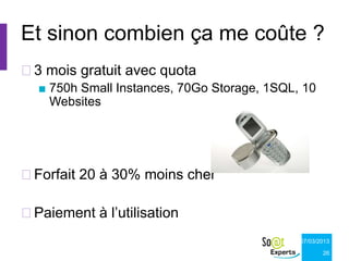 Et sinon combien ça me coûte ?
3 mois gratuit avec quota
  ■ 750h Small Instances, 70Go Storage, 1SQL, 10
    Websites




Forfait 20 à 30% moins cher

Paiement à l’utilisation
                                             07/03/2013

                                                    26
 