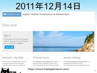 2011年12月14日




  https://www.hadooponazure.com/
                                   45
 