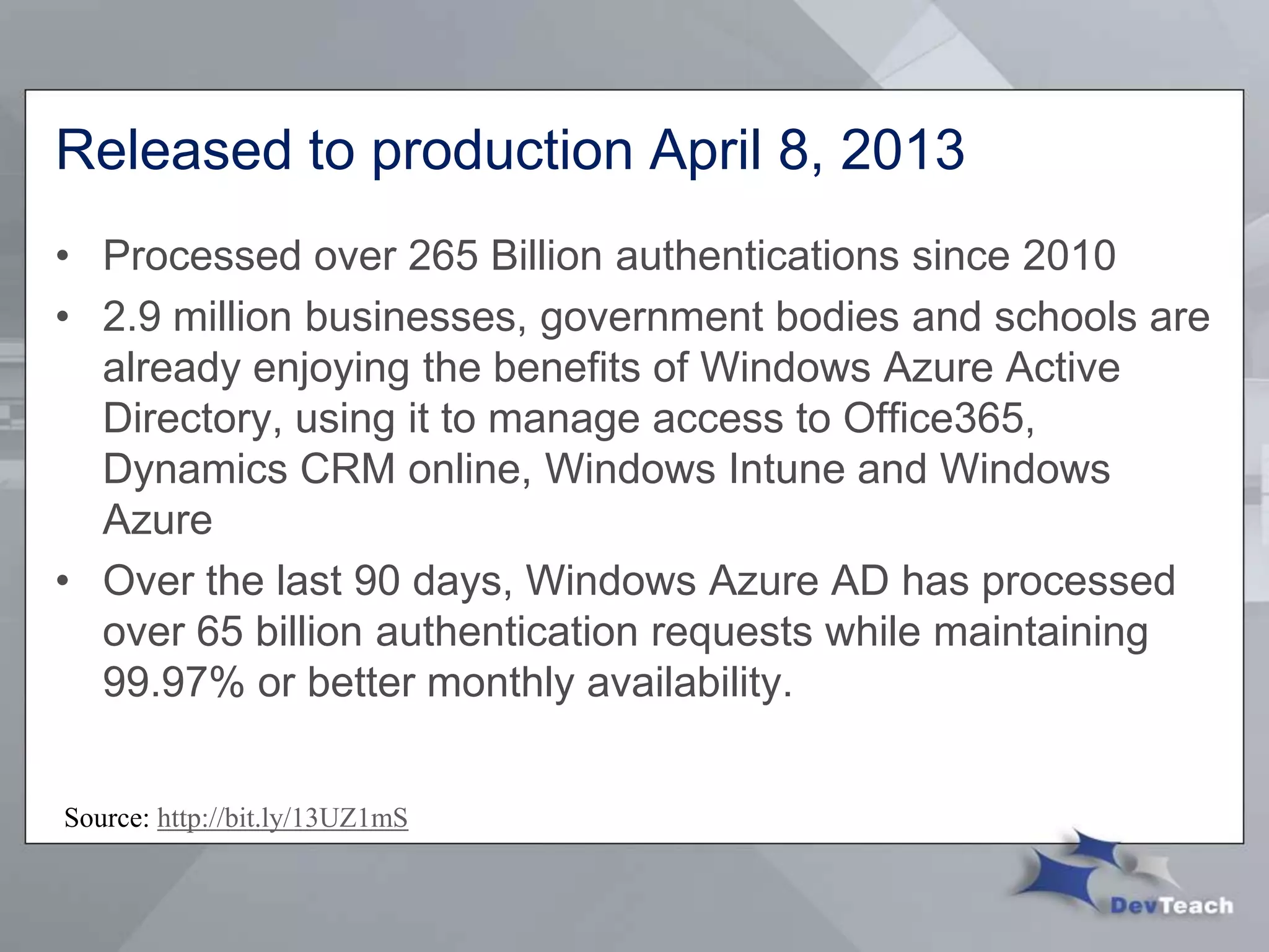 Released to production April 8, 2013
• Processed over 265 Billion authentications since 2010
• 2.9 million businesses, government bodies and schools are
already enjoying the benefits of Windows Azure Active
Directory, using it to manage access to Office365,
Dynamics CRM online, Windows Intune and Windows
Azure
• Over the last 90 days, Windows Azure AD has processed
over 65 billion authentication requests while maintaining
99.97% or better monthly availability.
Source: http://bit.ly/13UZ1mS
 