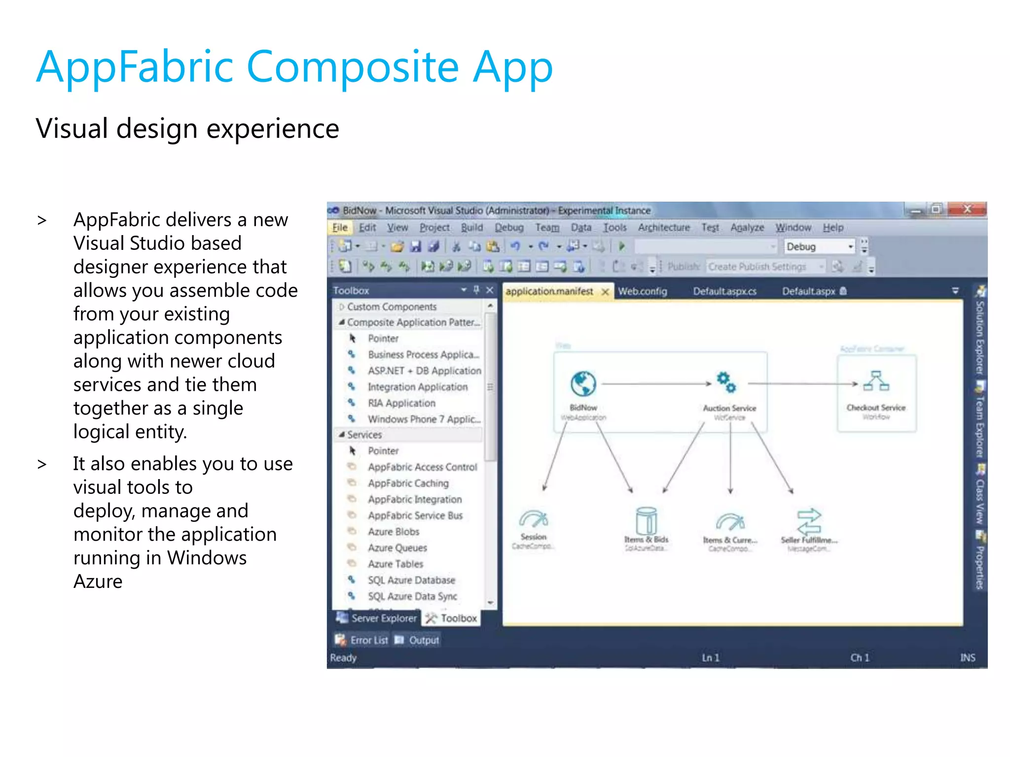 AppFabric Composite AppComposite App provides a multi-tenant, managed service which consumes the .NET based AppFabric Composition Model definitions and automates the deployment and management of the end-to-end application. It executes application components to provide a high-performance runtime optimized for cloud-scale services and mid-tier components. It also delivers a complete hosting environment for web services built using WCF (either natively developed or using WCF Data Services and WCF RIA Services) and workflows built using WF. Build highly scalable and available composite applications composite applications consisting of AppFabric services as well as other mid-tier componentsBuild applications distributed between on-premises and Windows AzureAutomates the deployment and management of the end to end applicationEasier configuration and control of entire application and individual componentsEnd-to-end application monitoring (events, state, health and performance SLAs)