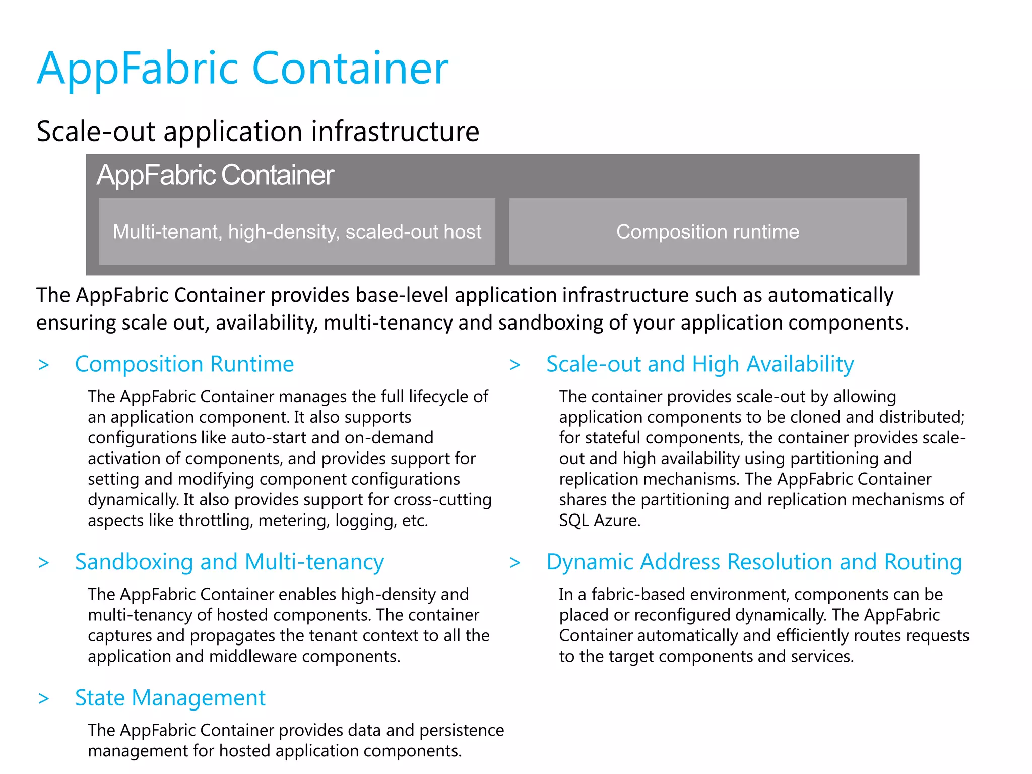 AppFabric Composite AppVisual design experienceAppFabric delivers a new Visual Studio based designer experience that allows you assemble code from your existing application components along with newer cloud services and tie them together as a single logical entity.It also enables you to use visual tools to deploy, manage and monitor the application running in Windows Azure