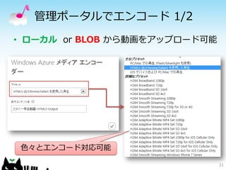管理ポータルでエンコード 1/2
• ローカル or BLOB から動画をアップロード可能
21
色々とエンコード対応可能
 