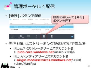 管理ポータルで配信
• [発行] ボタンで配信
23
• 発行 URL はストリーミング配信か否かで異なる
• https://＜ストレージサービスアカウント名
＞.blob.core.windows.net/asset-<中略>
• http://<メディアサービスアカウント名
>.origin.mediaservices.windows.net/<中略
>.ism/Manifest
動画を選らんで [発行]
ボタンを押下
 