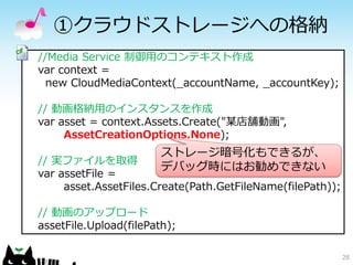 28
①クラウドストレージへの格納
//Media Service 制御用のコンテキスト作成
var context =
new CloudMediaContext(_accountName, _accountKey);
// 動画格納用のインスタンスを作成
var asset = context.Assets.Create("某店舗動画",
AssetCreationOptions.None);
// 実ファイルを取得
var assetFile =
asset.AssetFiles.Create(Path.GetFileName(filePath));
// 動画のアップロード
assetFile.Upload(filePath);
ストレージ暗号化もできるが、
デバッグ時にはお勧めできない
 