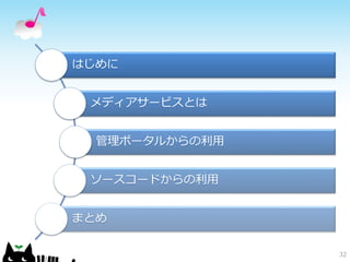 32
はじめに
メディアサービスとは
管理ポータルからの利用
ソースコードからの利用
まとめ
 