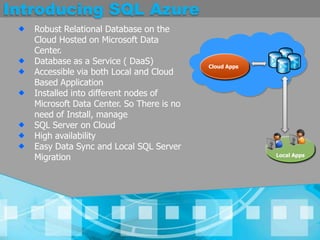 Introducing SQL AzureRobust Relational Database on the  Cloud Hosted on Microsoft Data Center.Database as a Service ( DaaS)Accessible via both Local and Cloud Based ApplicationInstalled into different nodes of Microsoft Data Center. So There is no need of Install, manageSQL Server on CloudHigh availability Easy Data Sync and Local SQL Server MigrationCloud AppsLocal Apps