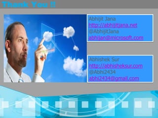Thank You !!Abhijit Janahttp://abhijitjana.net@AbhijitJanaabhijan@microsoft.comAbhishek Surhttp://abhisheksur.com@Abhi2434abhi2434@gmail.com
