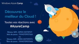 Découvrez le
meilleur du Cloud !
Toutes vos réactions avec

#AzureCamp
Réseau Wifi : APEX-HOTSPOT
Mot de passe : ?!@HOTSPOT559
ou
Réseau Wifi : APEX-HOTSPOT2
Mot de passe : ?!@HOTSPOT560

 