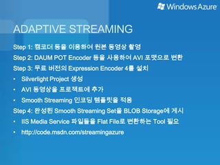 ADAPTIVE STREAMING
Step 1: 캠코더 등을 이용하여 원본 동영상 촬영
Step 2: DAUM POT Encoder 등을 사용하여 AVI 포맷으로 변환
Step 3: 무료 버전의 Expression Encoder 4를 설치
• Silverlight Project 생성
• AVI 동영상을 프로젝트에 추가
• Smooth Streaming 인코딩 템플릿을 적용
Step 4: 완성된 Smooth Streaming Set을 BLOB Storage에 게시
• IIS Media Service 파일들을 Flat File로 변환하는 Tool 필요
• http://code.msdn.com/streamingazure
 