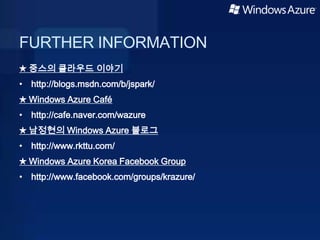 FURTHER INFORMATION
★ 중스의 클라우드 이야기
• http://blogs.msdn.com/b/jspark/
★ Windows Azure Café
• http://cafe.naver.com/wazure
★ 남정현의 Windows Azure 블로그
• http://www.rkttu.com/
★ Windows Azure Korea Facebook Group
• http://www.facebook.com/groups/krazure/
 