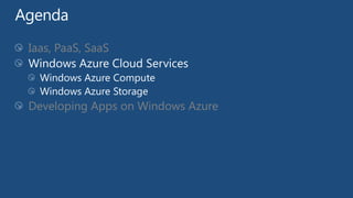 Iaas, PaaS, SaaS



Developing Apps on Windows Azure
 