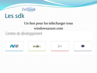 Les sdk
        Un lien pour les télécharger tous
              windowsazure.com




    Une plateforme ouverte à tous les langages
 