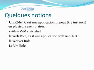 Quelques notions
 Un Rôle : C’est une application, Il peut être instancié
 en plusieurs exemplaires.
 1 rôle = 1VM spécialisé
 le Web Role, c’est une application web Asp .Net
 le Worker Role
 Le Vm Role
 