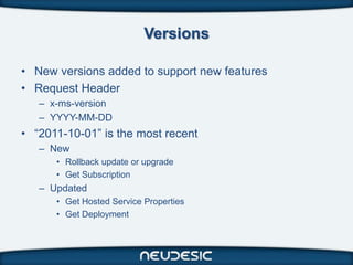 Versions

• New versions added to support new features
• Request Header
   – x-ms-version
   – YYYY-MM-DD
• “2011-10-01” is the most recent
   – New
      • Rollback update or upgrade
      • Get Subscription
   – Updated
      • Get Hosted Service Properties
      • Get Deployment
 