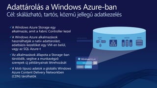 A Windows Azure Storage egy
alkalmazás, amit a Fabric Controller kezel
A Windows Azure alkalmazások
használhatják a natív adattárolást,
adatbázis-kezelőket egy VM-en belül,
vagy az SQL Azure-t
Az alkalmazások állapota a Storage-ban
tárolódik, segítve a munkavégző
szerepek új példányainak létrehozását
A blob típusú adatok a globális Windows
Azure Content Delivery Networkben
(CDN) tárolhatók
Cél: skálázható, tartós, közmű jellegű adatkezelés
 
