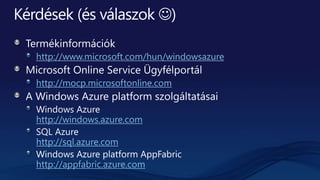 http://www.microsoft.com/hun/windowsazure
http://mocp.microsoftonline.com
http://windows.azure.com
http://sql.azure.com
http://appfabric.azure.com
 