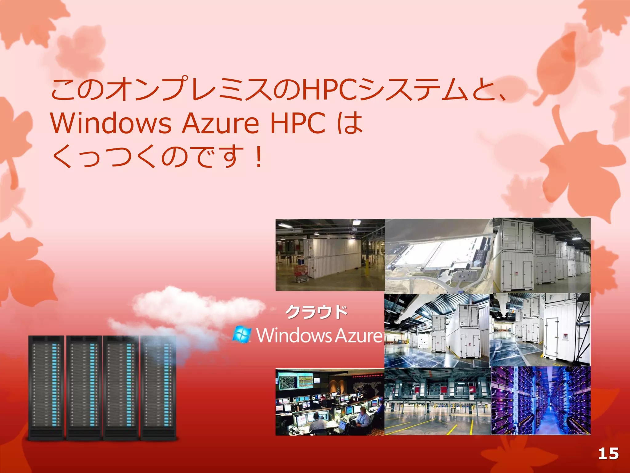 このオンプレミスのHPCシステムと、
Windows Azure HPC は
くっつくのです！
クラウド
15
 