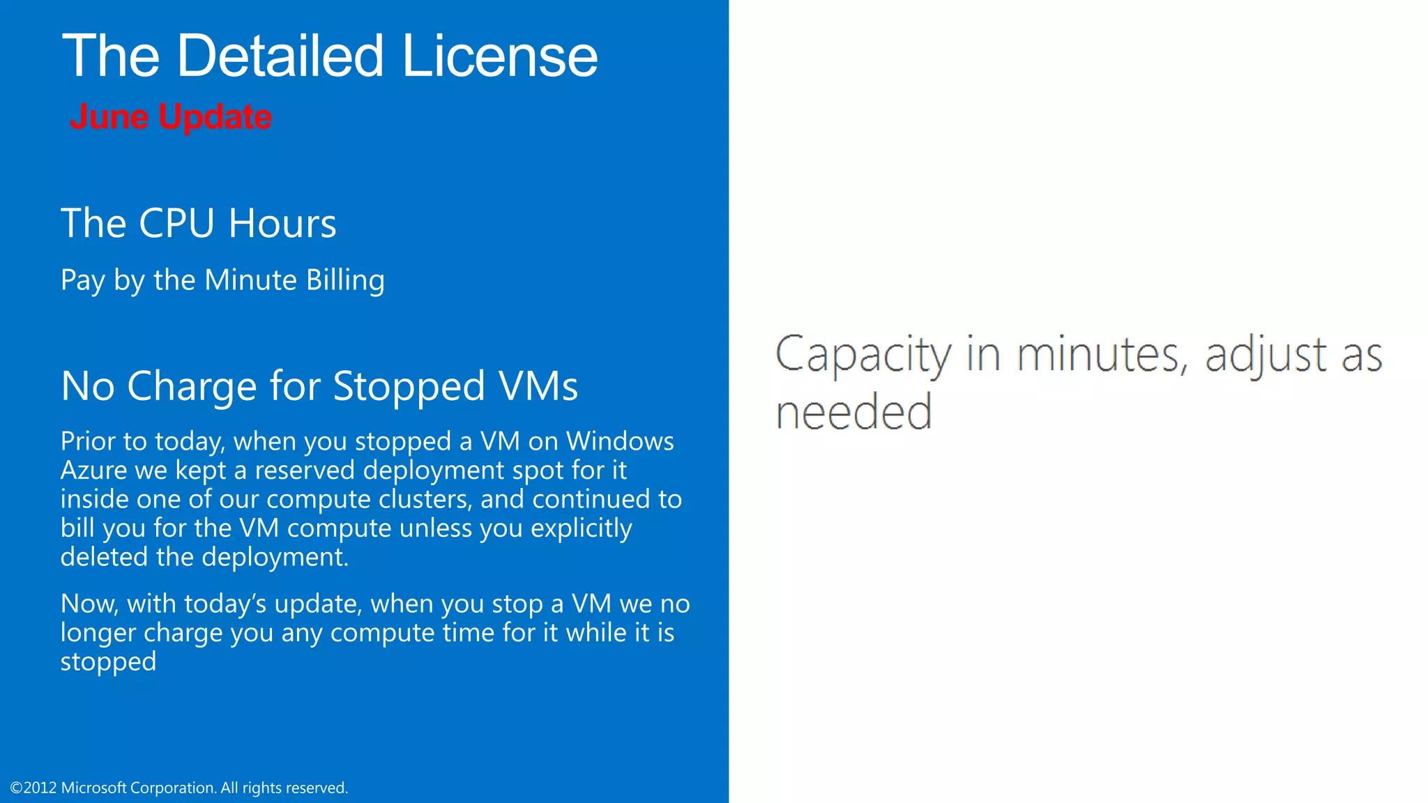 ©2012 Microsoft Corporation. All rights reserved.©2012 Microsoft Corporation. All rights reserved.
June Update
The CPU Hours
No Charge for Stopped VMs
 