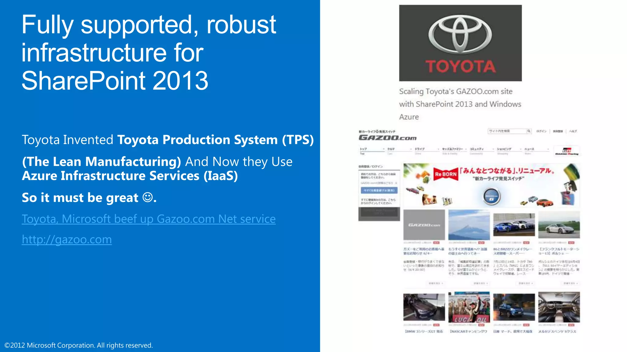 ©2012 Microsoft Corporation. All rights reserved.©2012 Microsoft Corporation. All rights reserved.
Toyota, Microsoft beef up Gazoo.com Net service
http://gazoo.com
 