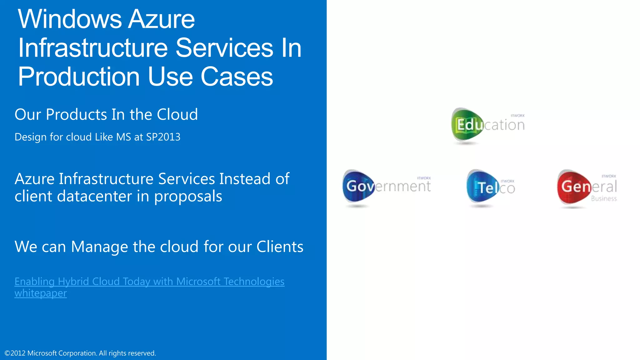 ©2012 Microsoft Corporation. All rights reserved.©2012 Microsoft Corporation. All rights reserved.
Our Products In the Cloud
Design for cloud Like MS at SP2013
Azure Infrastructure Services Instead of
client datacenter in proposals
We can Manage the cloud for our Clients
Enabling Hybrid Cloud Today with Microsoft Technologies
whitepaper
 