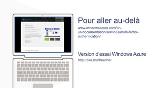 Pour aller au-delà
www.windowsazure.com/enus/documentation/services/multi-factorauthentication/

Version d’essai Windows Azure
http://aka.ms/free/trial

 