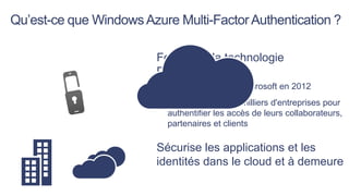 Qu’est-ce que Windows Azure Multi-Factor Authentication ?
Fondé sur la technologie
PhoneFactor
• Une acquisition de Microsoft en 2012

• Reconnue par des milliers d'entreprises pour
authentifier les accès de leurs collaborateurs,
partenaires et clients

Sécurise les applications et les
identités dans le cloud et à demeure

 