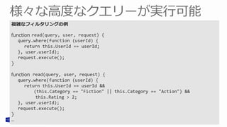 複雑なフィルタリングの例例

Supported Modules + Globals
function  read(query,	
  user,	
  request)	
  {
        query.where(function	
  (userId)	
  {
                   mssql
                return	
  this.UserId	
  ==	
  userId;
        },	
  user.userId);
                   request
        request.execute();
}	
  
                   console
function	
  read(query,	
  user,	
  request)	
  {

                
                   push
        query.where(function	
  (userId)	
  {
                 return	
  this.UserId	
  ==	
  userId	
  &&
                   tables
                            (this.Category	
  ==	
  "Fiction"	
  ||	
  this.Category	
  ==	
  "Action")	
  &&
                              this.Rating	
  >	
  2;
        },	
  user.userId);
                   statusCodes
        request.execute();
 }	
  
 …
 