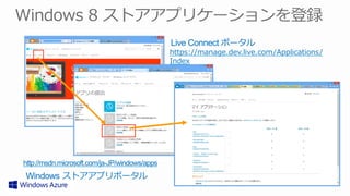 Live Connect ポータル
                                               https://manage.dev.live.com/Applications/
                                               Index  




http://msdn.microsoft.com/ja-JP/windows/apps
Windows  ストアアプリポータル
 
