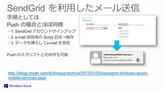 http://blogs.msdn.com/b/shosuz/archive/2013/01/03/sendgrid-windows-azure-
mobile-services.aspx
 