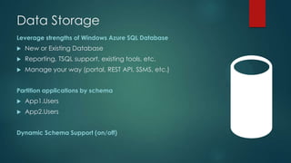 Leverage strengths of Windows Azure SQL Database
 New or Existing Database
 Reporting, TSQL support, existing tools, etc.
 Manage your way (portal, REST API, SSMS, etc.)
Partition applications by schema
 App1.Users
 App2.Users
Dynamic Schema Support (on/off)
Data Storage
 