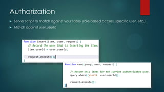  Server script to match against your table (role-based access, specific user, etc.)
 Match against user.userId
Authorization
 