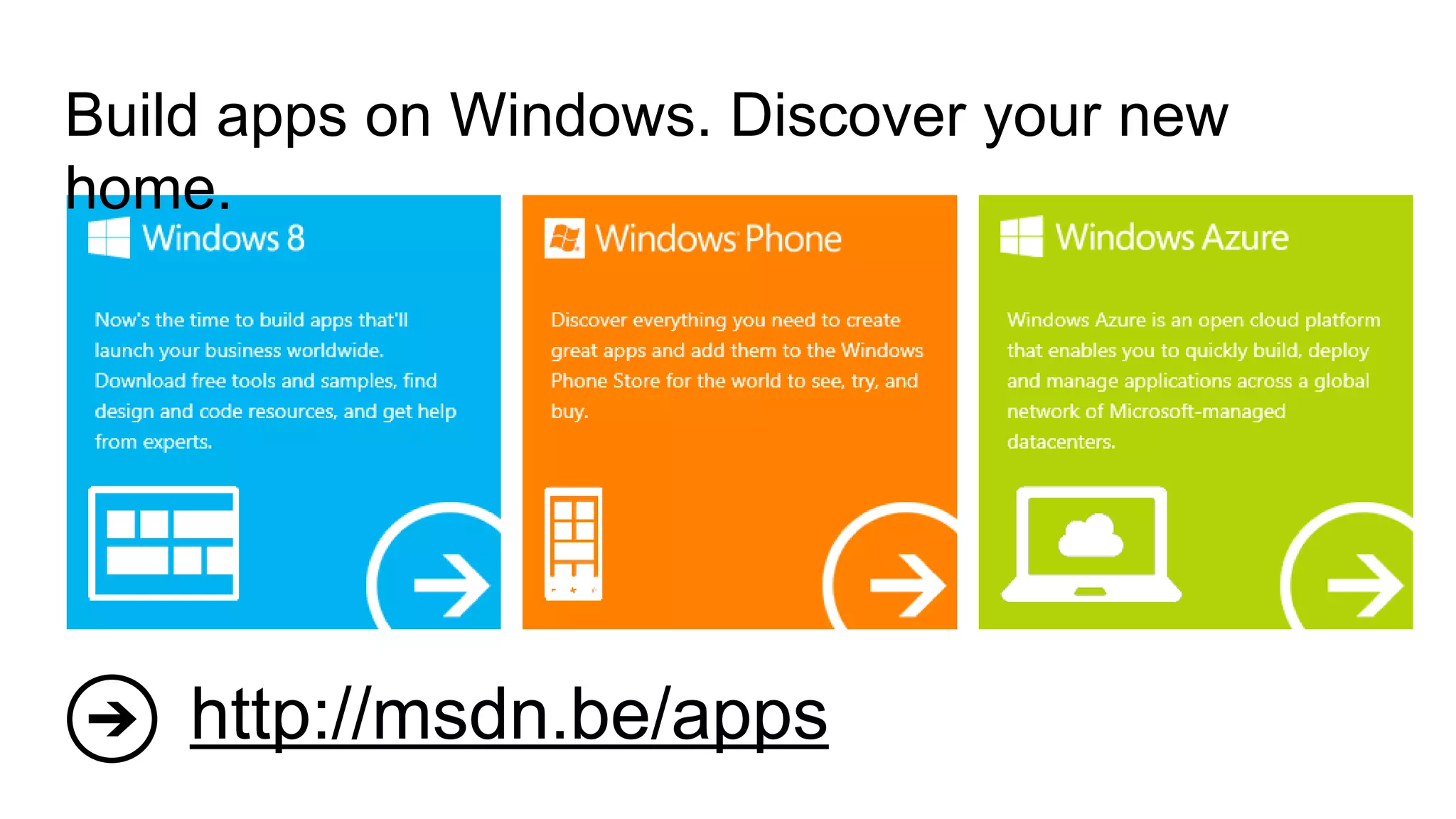 Build apps on Windows. Discover your new
home.




    http://msdn.be/apps
 