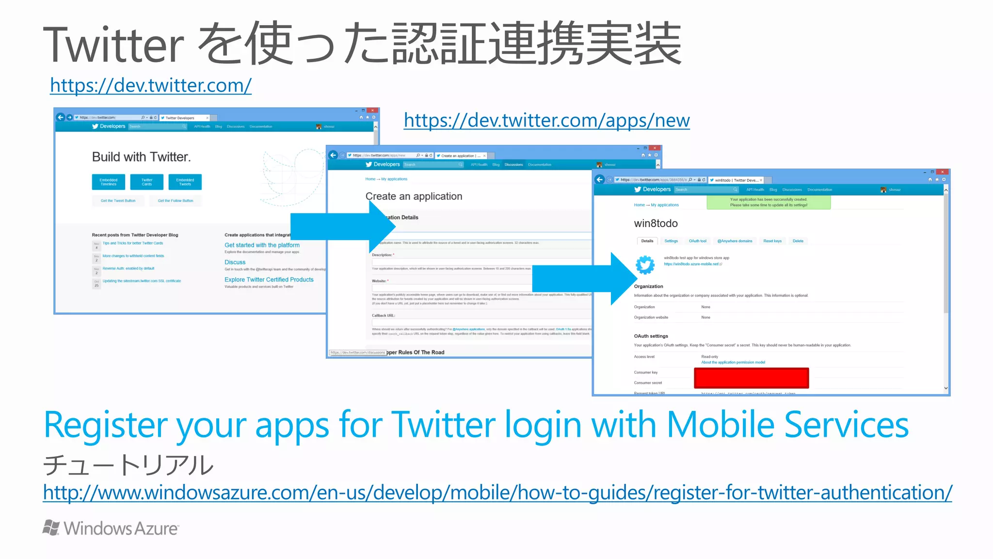 https://dev.twitter.com/
                                       https://dev.twitter.com/apps/new




Register your apps for Twitter login with Mobile Services
http://www.windowsazure.com/en-us/develop/mobile/how-to-guides/register-for-twitter-authentication/
 