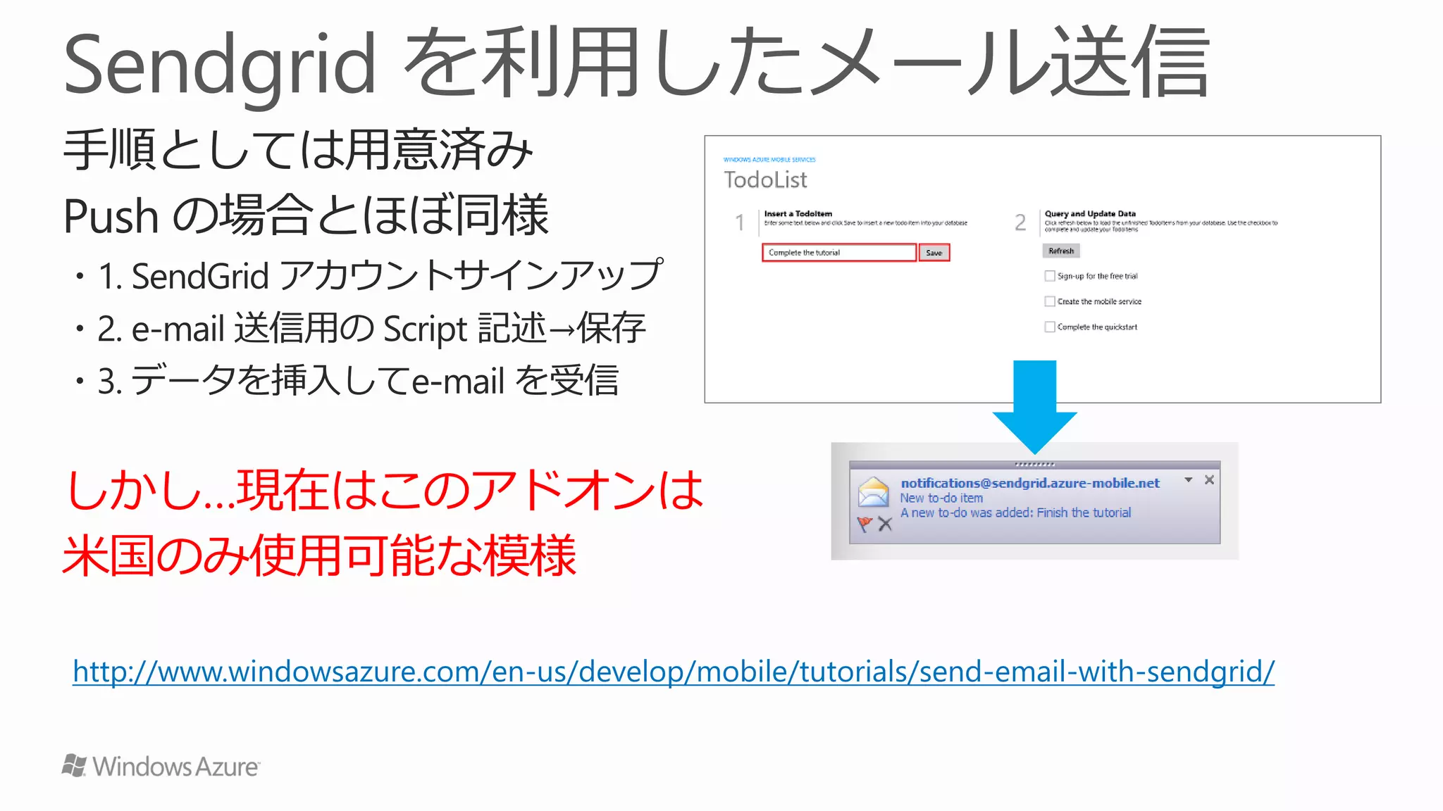 しかし…現在はこのアドオンは
米国のみ使用可能な模様

http://www.windowsazure.com/en-us/develop/mobile/tutorials/send-email-with-sendgrid/
 