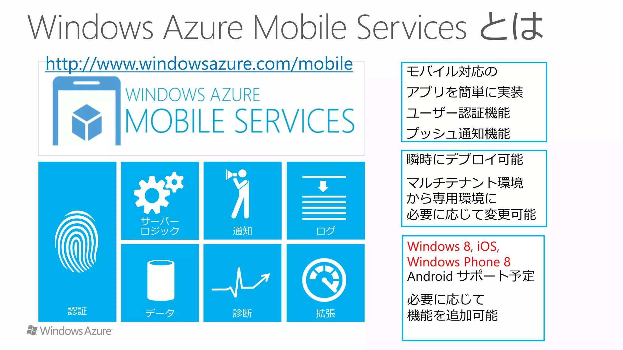 http://www.windowsazure.com/mobile   モバイル対応の
                                     アプリを簡単に実装
                                     ユーザー認証機能
                                     プッシュ通知機能
                                     瞬時にデプロイ可能
                                     マルチテナント環境
                                     から専用環境に
                                     必要に応じて変更可能

                                     Windows 8, iOS,
                                     Windows Phone 8
                                     Android サポート予定
                                     必要に応じて
                                     機能を追加可能
 