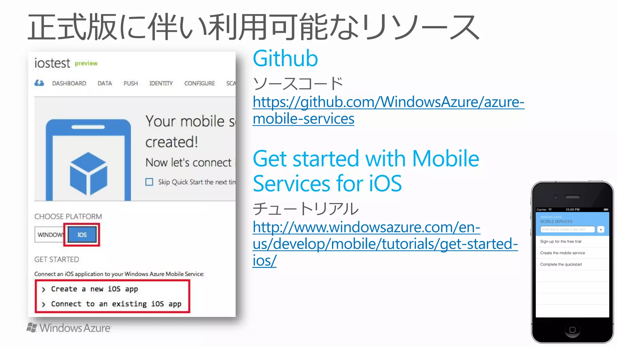 Github
https://github.com/WindowsAzure/azure-
mobile-services

Get started with Mobile
Services for iOS
http://www.windowsazure.com/en-
us/develop/mobile/tutorials/get-started-
ios/
 
