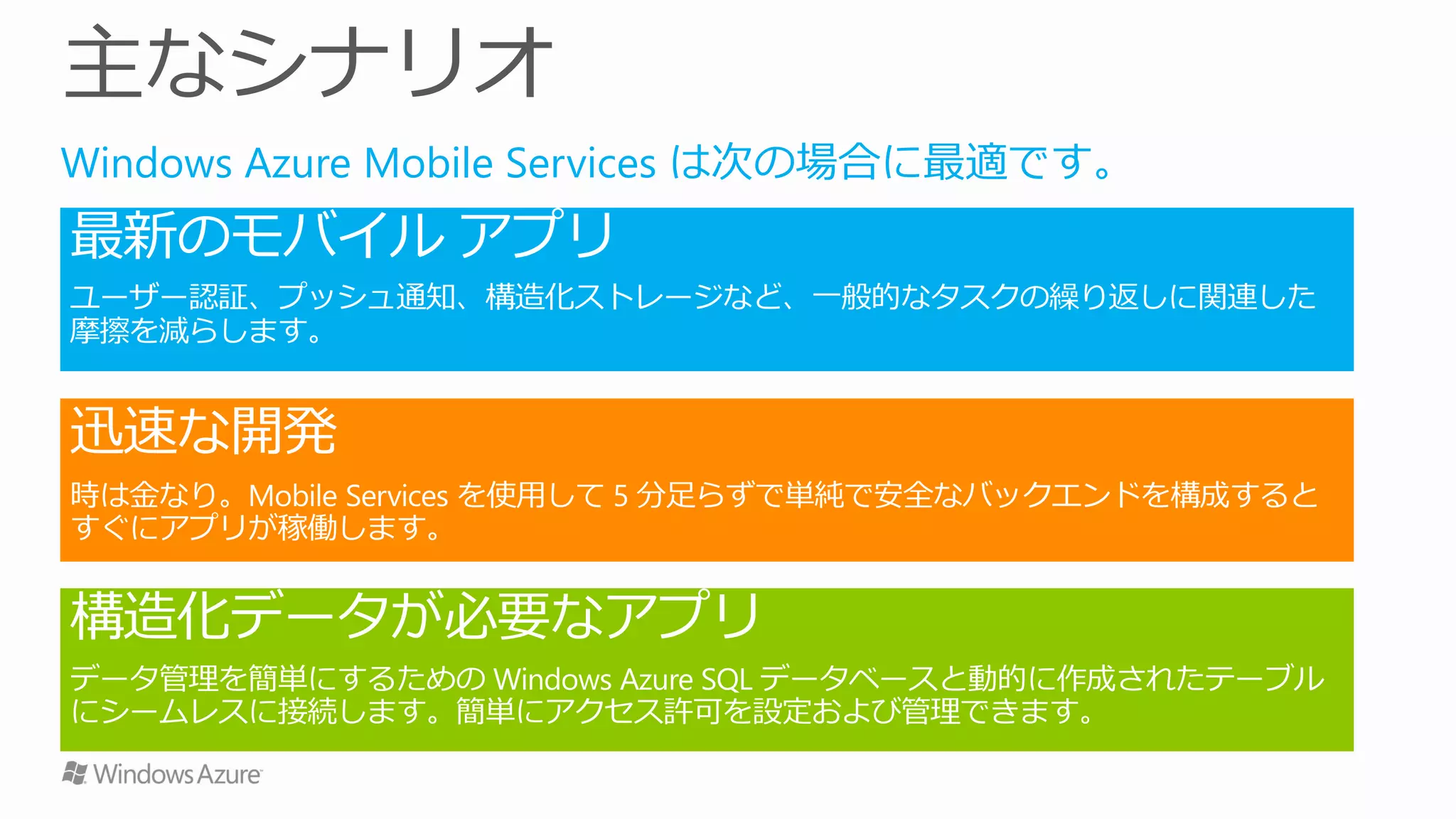 Windows Azure Mobile Services は次の場合に最適です。
 