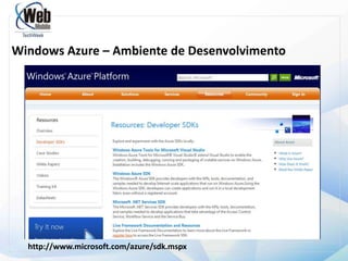 Windows Azure “Windows Azure is a cloudservicesoperation system that serves as thedevelopment, run-time, andcontrolenvironment  for theAzureServicesPlatform”